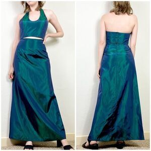 Vintage 00’s Jessica McClintock Gunne Sax Teal Iridescent 2 Piece Formal Dress 5